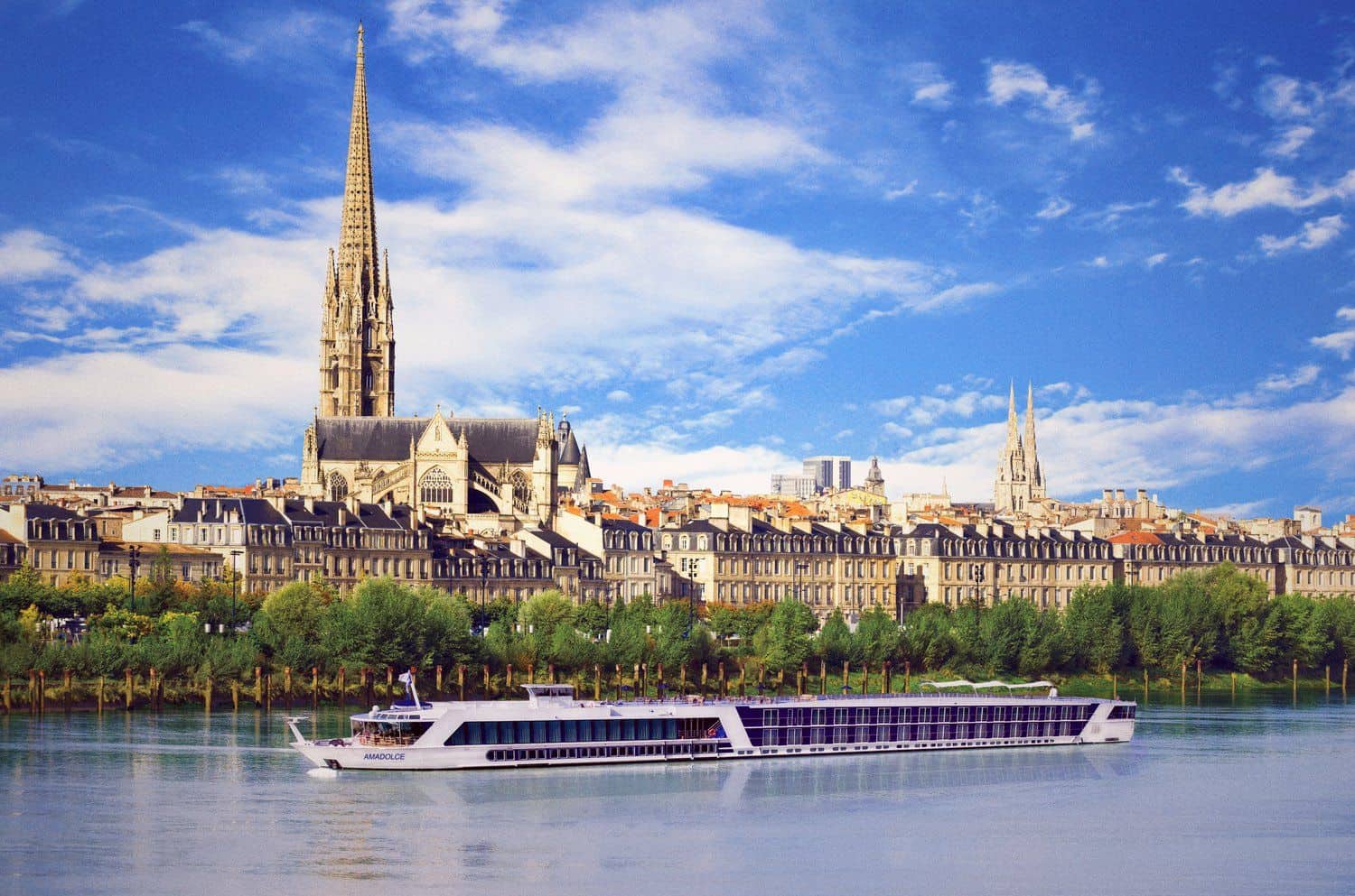 A luxury river cruise ship moored on a European river